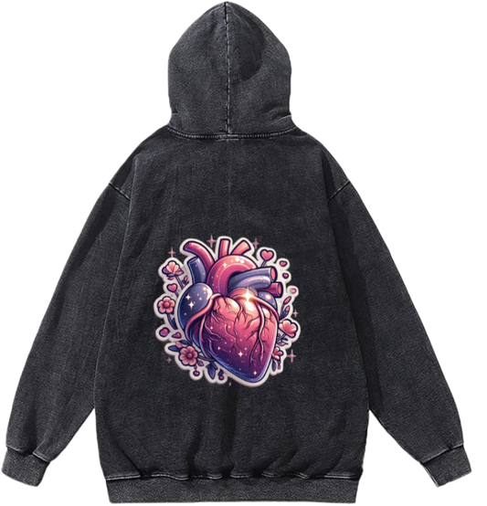 human heart surrounded by flowers One Size hoodie Washed Back 1