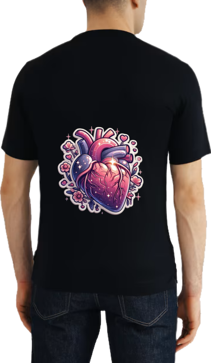 anatomical heart adorned with flowers and stars t- shirt One Size Black back 1
