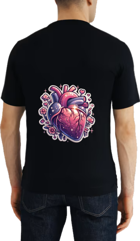 anatomical heart adorned with flowers and stars t- shirt One Size Black back 1