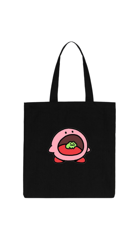 Kawaii Cute Kirby Black Canvas Tote Bag, Aesthetic Anime Character Reusable Shopping Bag, Large Grocery Bag, Book Tote for Women and Girls