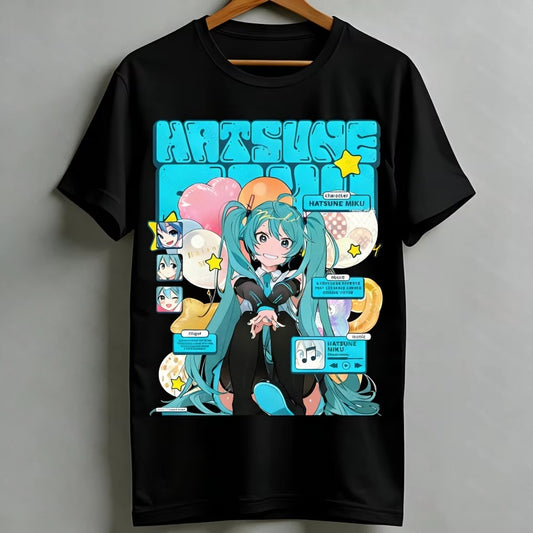 Hatsune Miku Anime T-Shirt Oversized for Women Teens, Black Graphic Tee, Casual Short Sleeve Vocaloid Kawaii Tops 1