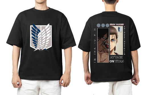 Anime Attack on titan shingeki no kyojin eren levi mikasa Aot black Oversize  t- shirt  back 1