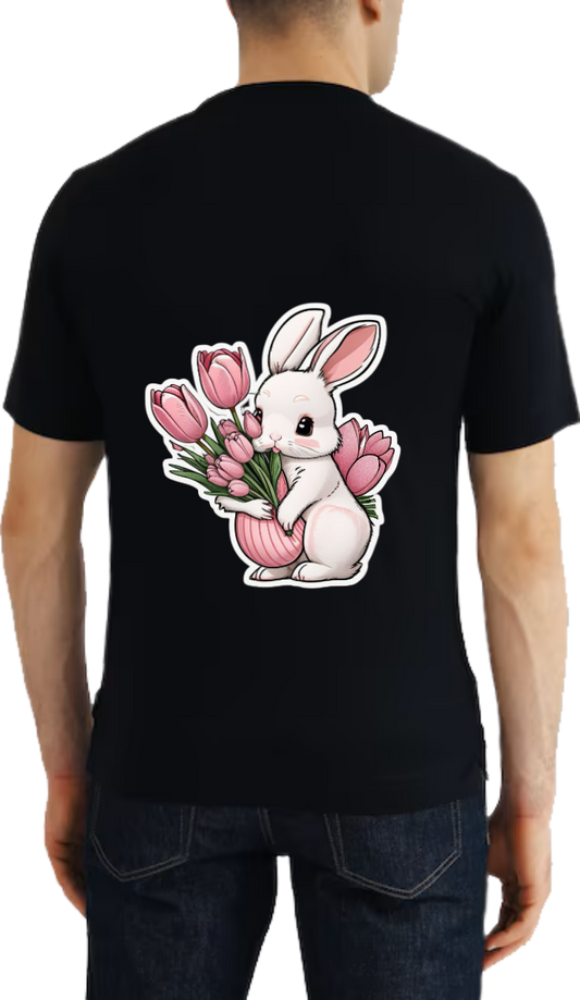 cute rabbit holding a bouquet of tulips. t- shirt One Size Black back 1