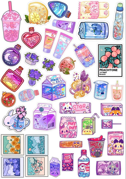 Aesthetic Kawaii Stickers Pack, 50+ Pcs Cute Purple & Pink Waterproof Vinyl Stickers for Water Bottles, Laptop, Journal, Scrapbooking, Cute Food and Animal Decals for Kids, Teens, and Adults