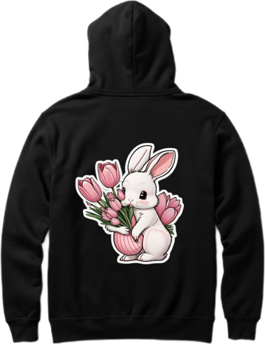A cute white rabbit holding a bouquet of pink flowers One Size hoodie Black Back 1