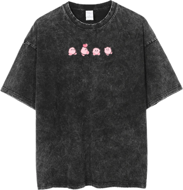 Vintage Washed Kirby Anime Graphic T-Shirt, Kawaii Y2K Aesthetic Grunge Tee, Casual Oversized Short Sleeve Top 1