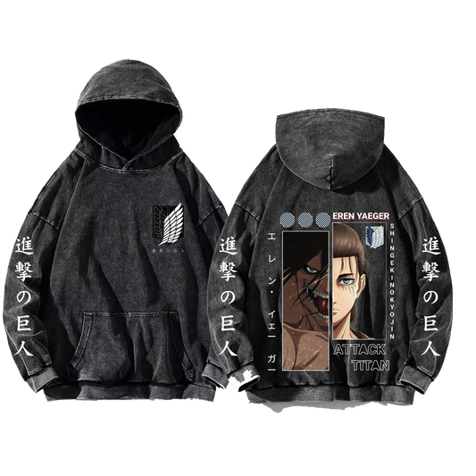Anime Attack on titan shingeki no kyojin eren levi mikasa Aot Oversize Wash Hoodie gray 1