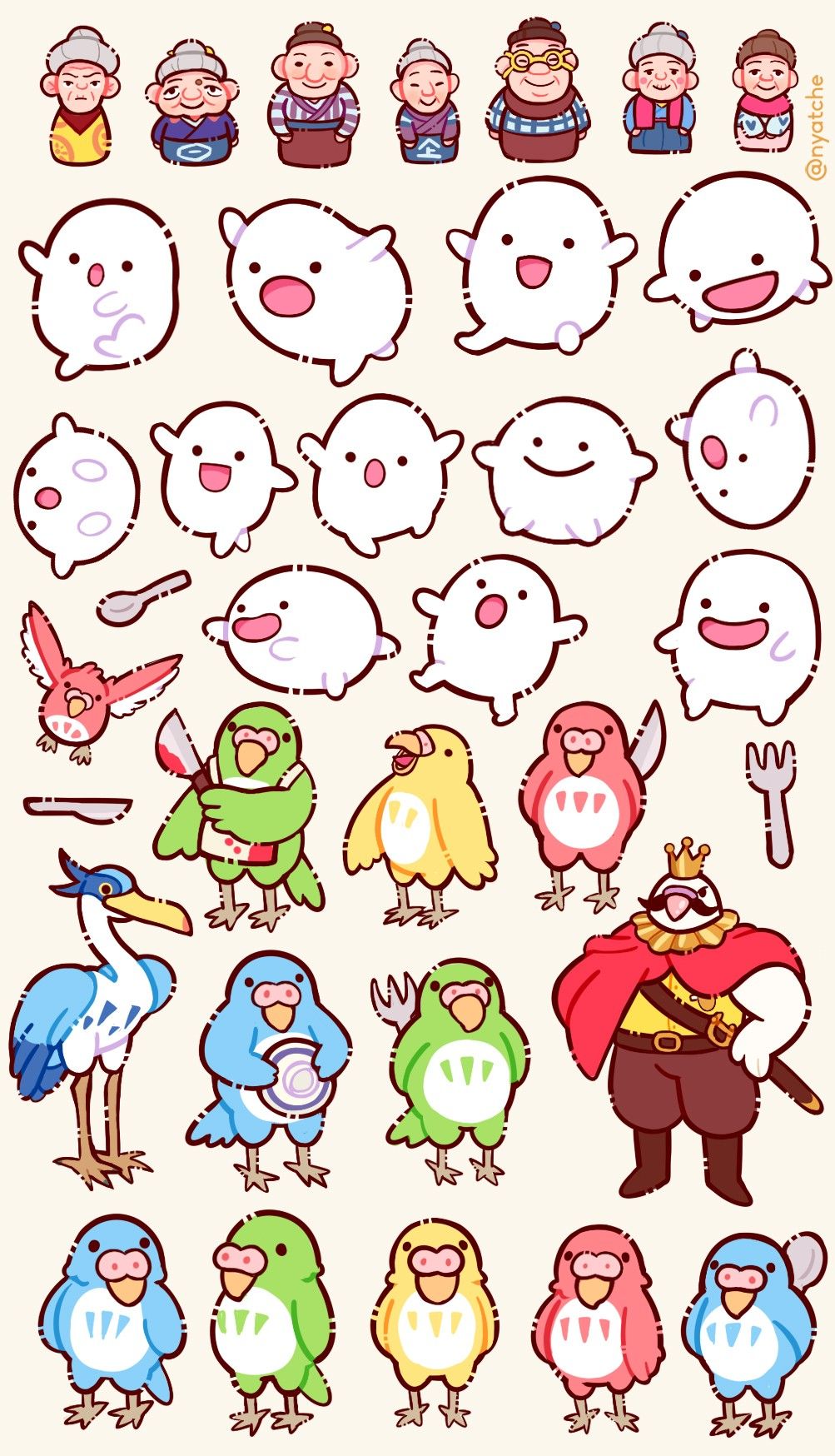 Kawaii Cute Bird and Character Stickers Pack, Funny Parrot and Ghost Aesthetic Stickers for Journaling, Scrapbooking, Water Bottles, Laptop, and Planner Decals