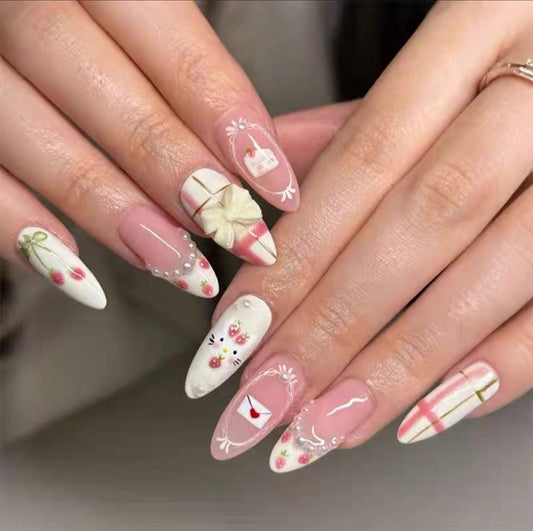 24Handmade Coquette Press on Nails Long Almond - 24 Pcs Pink and White False Nails with 3D Ribbon Bow, Vintage Pearl Frames, Cherries, and Strawberry Plaid Designs, Reusable Cute Fake Nails Set