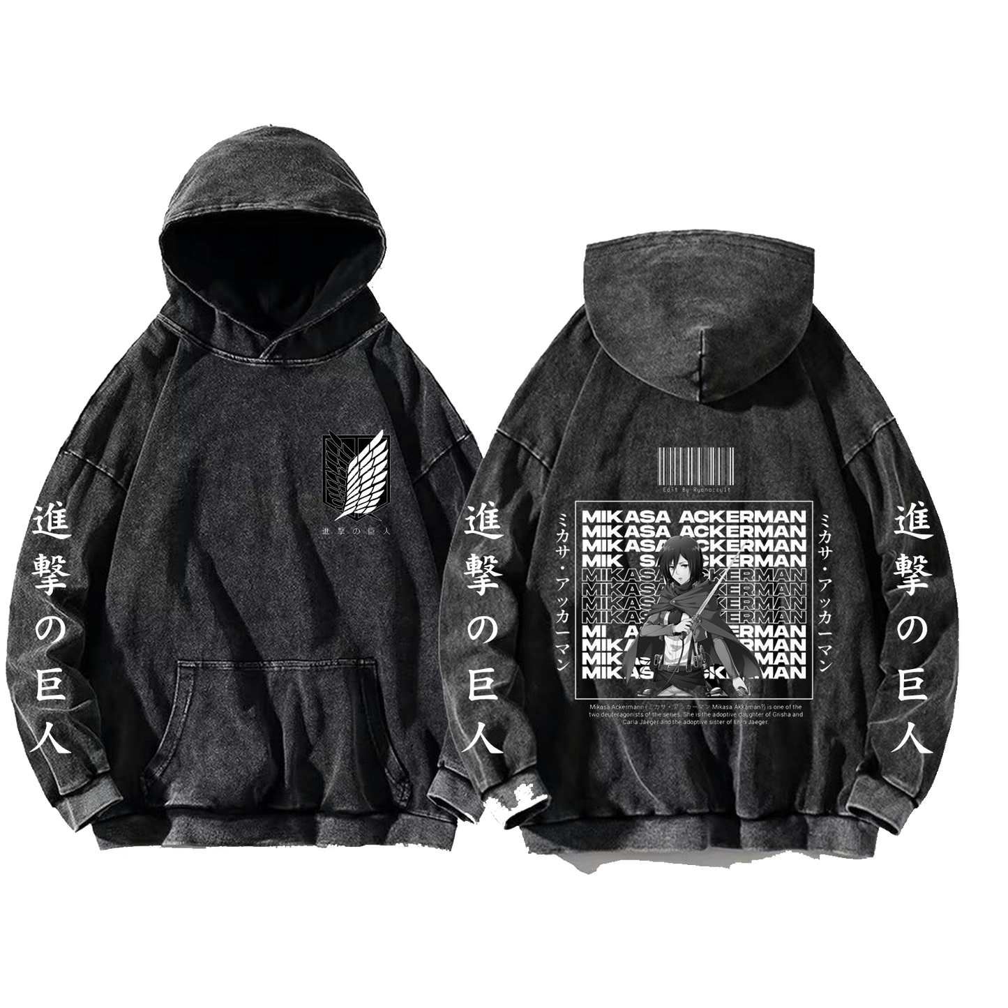 Anime Attack on titan shingeki no kyojin eren levi mikasa Aot Oversize Wash Hoodie gray 20