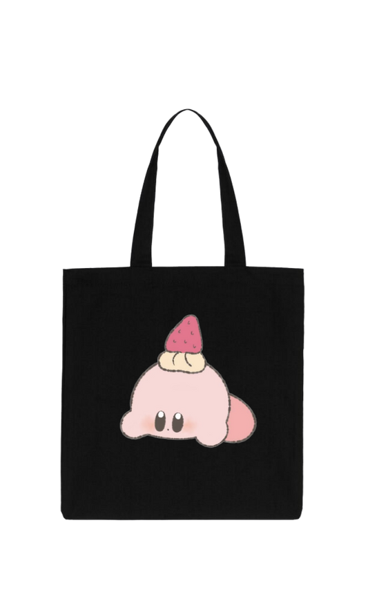 Kawaii Cute Kirby Black Canvas Tote Bag, Aesthetic Anime Character Reusable Shopping Bag, Large Grocery Bag, Book Tote for Women and Girls 20