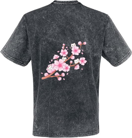 Delicate cherry blossoms with cat illustrations. t- shirt One Size Washed Back 20