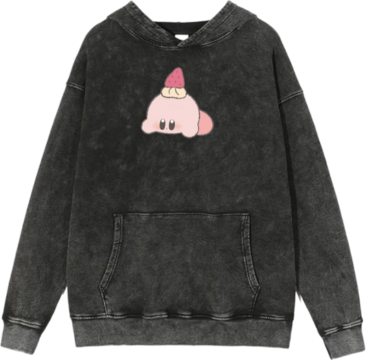 Cute Pink Anime Kirby Character Graphic Vintage Washed Hoodie for Women and Men, Kawaii Cartoon Dark Grey Pullover Sweatshirt 20