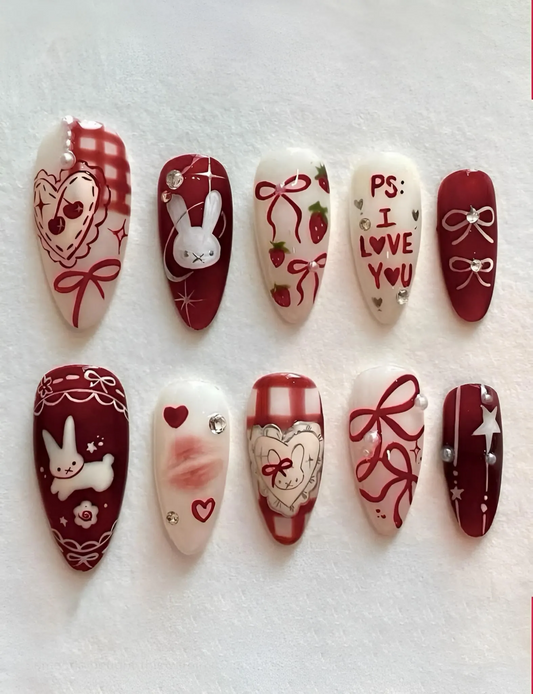 Handmade Press on Nails Medium Almond - Coquette Red Gingham Nail Set with 3D Bows, Hearts, and Cute Miffy Bunny Design - Reusable False Nails for Girls, Valentine's & Daily Wear (10 Pcs)