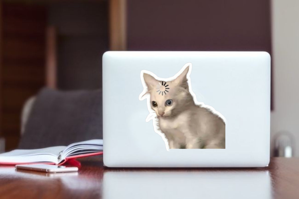 "Loading Cat" Meme Sticker, Funny Confused Cat with Loading Icon Waterproof Vinyl Decal for Laptop, Water Bottle, Hydro Flask, and Journal