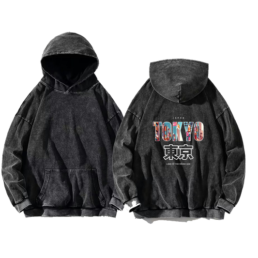 TOKYO Back text oversize hoodie Washed back 21