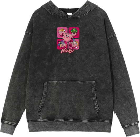 Cute Pink Anime Kirby Character Graphic Vintage Washed Hoodie for Women and Men, Kawaii Cartoon Dark Grey Pullover Sweatshirt 21