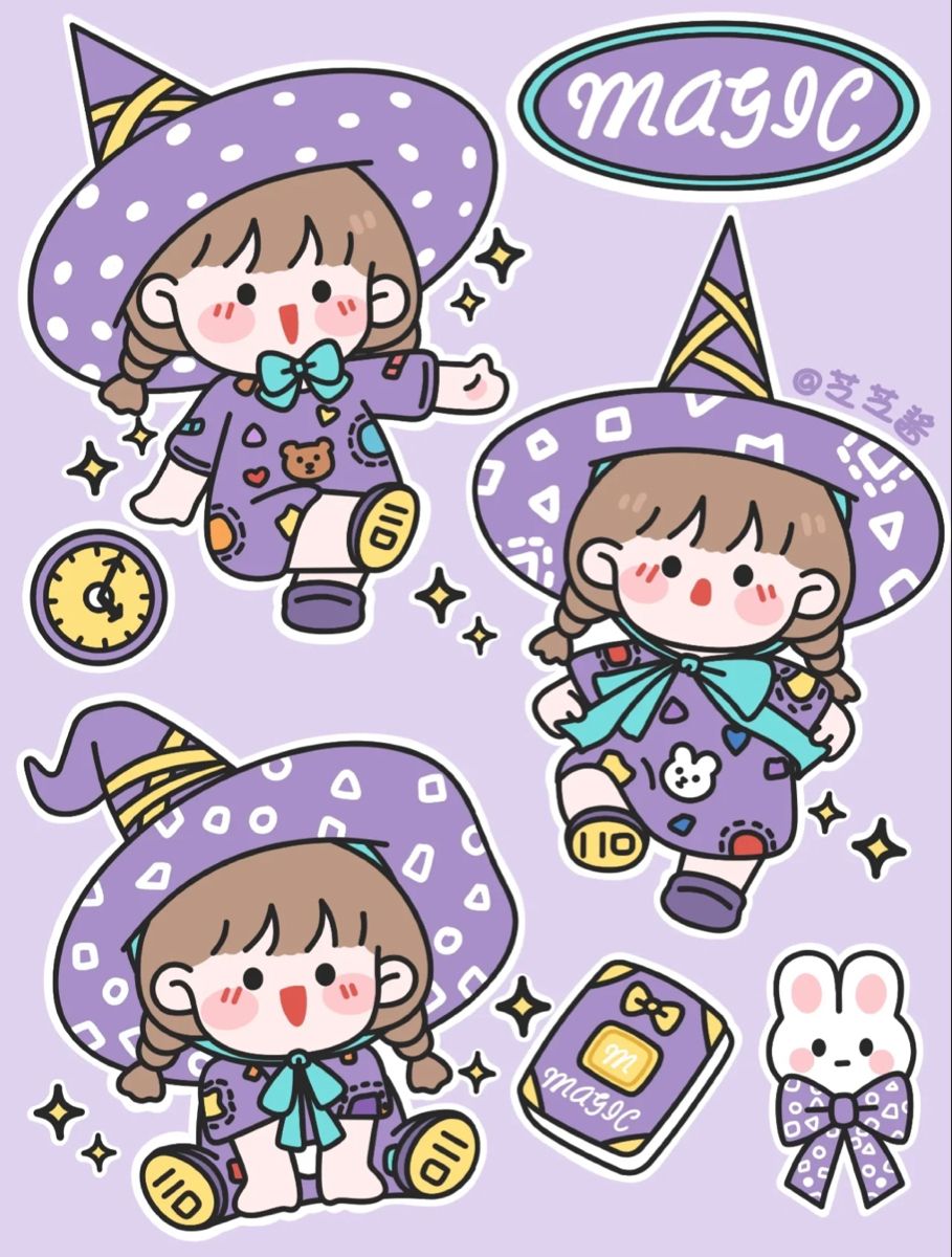 Kawaii Little Witch Chibi Girl Stickers Pack, Cute Purple Aesthetic Magic Theme Stickers for Journaling, Scrapbooking, Water Bottles, Laptop, and Planner Decals