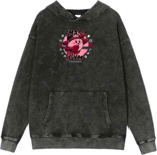Cute Pink Anime Kirby Character Graphic Vintage Washed Hoodie for Women and Men, Kawaii Cartoon Dark Grey Pullover Sweatshirt 22