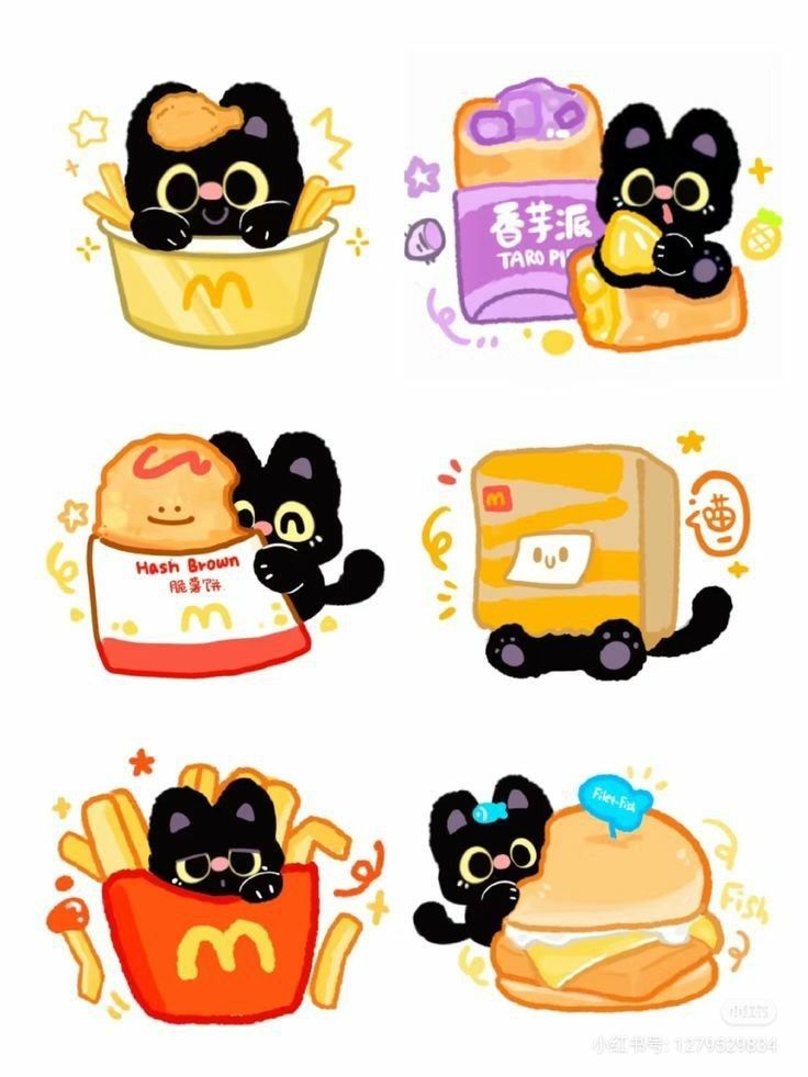 Kawaii Black Cat Fast Food Stickers Pack, Cute Aesthetic Burger and French Fries Theme Stickers for Journaling, Scrapbooking, Water Bottles, Laptop, and Planner Decals