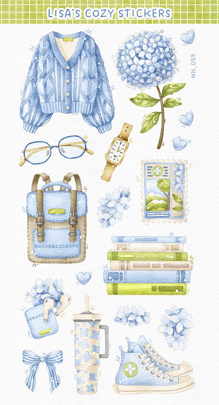 Cozy Blue Aesthetic Stickers Pack, Cute Watercolor Blue Floral and Lifestyle Theme Stickers for Journaling, Scrapbooking, Water Bottles, Laptop, and Planner Decals