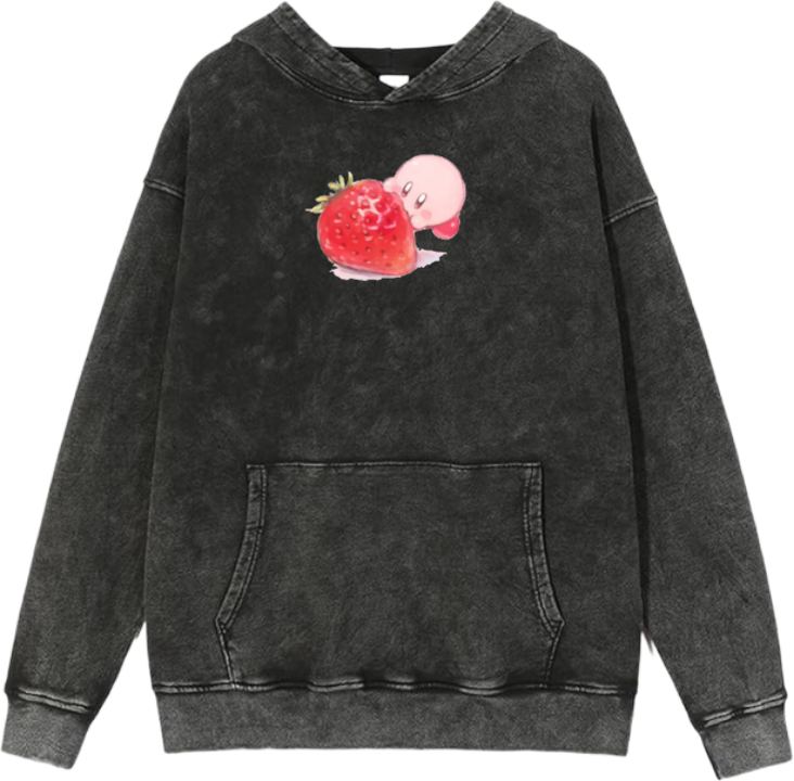 Cute Pink Anime Kirby Character Graphic Vintage Washed Hoodie for Women and Men, Kawaii Cartoon Dark Grey Pullover Sweatshirt 23