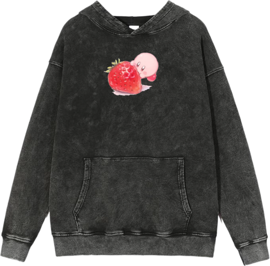 Cute Pink Anime Kirby Character Graphic Vintage Washed Hoodie for Women and Men, Kawaii Cartoon Dark Grey Pullover Sweatshirt 23