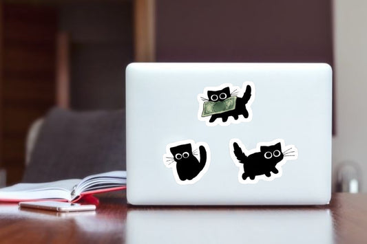 Cute Black Cats Sticker Set, Funny Cat with Money Waterproof Vinyl Decal for Laptop, Water Bottle, Hydro Flask, and Journal
