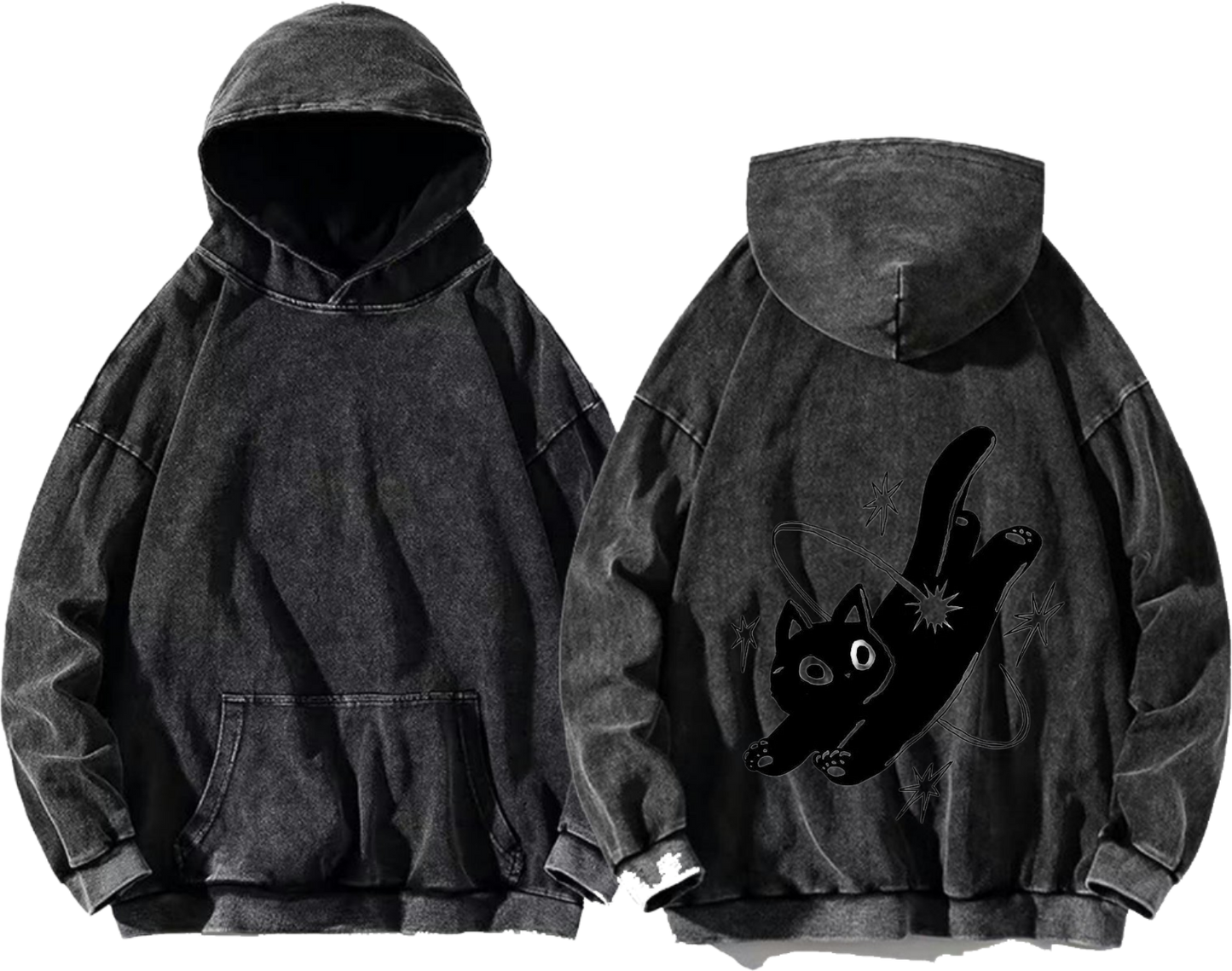 cartoon cat with a Gothic theme One Size hoodie Washed Back 23