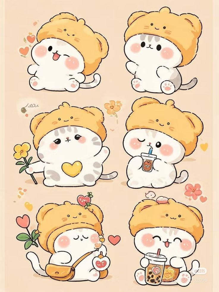Kawaii Cat Stickers Pack, Cute Aesthetic Kitty in Bear Hood and Boba Tea Theme Stickers for Journaling, Scrapbooking, Water Bottles, Laptop, and Planner Decals