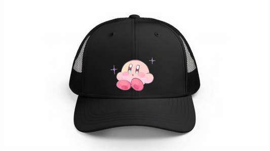 Kawaii Kirby Crown Pink Character Mesh Trucker Hat, Cute Anime Princess/King Black Baseball Cap, Adjustable Snapback for Women and Teens 24