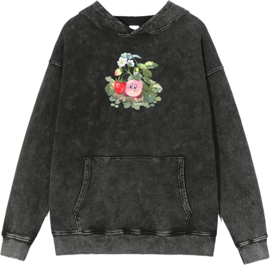 Cute Pink Anime Kirby Character Graphic Vintage Washed Hoodie for Women and Men, Kawaii Cartoon Dark Grey Pullover Sweatshirt 24