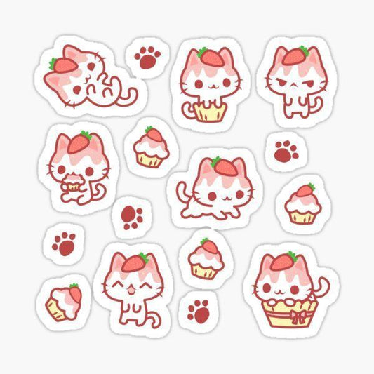 Cute Strawberry Cat Stickers Pack, Kawaii Pink Kitty and Cupcake Waterproof Vinyl Decals for Water Bottles, Laptops, Phone, Journal, and Scrapbooking