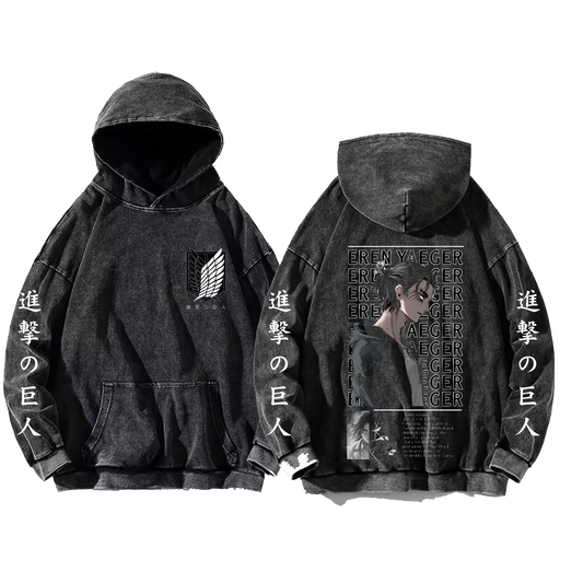 Anime Attack on titan shingeki no kyojin eren levi mikasa Aot Oversize Wash Hoodie gray 24