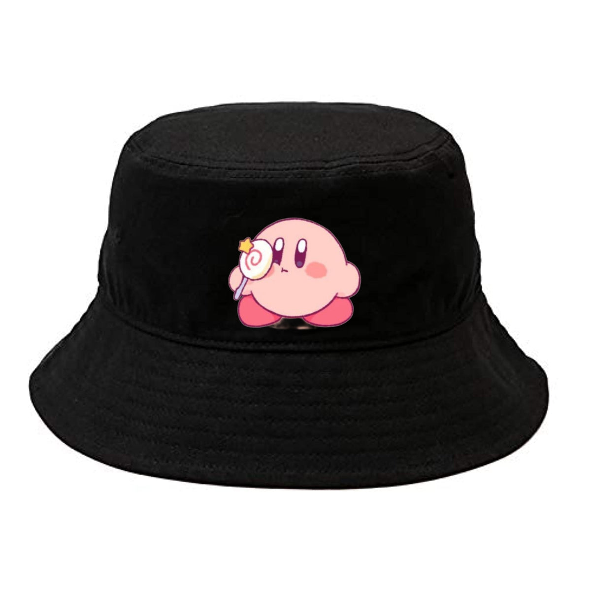 Cute Anime Kirby Bucket Hat, Kawaii Pink Character Black Sun Fisherman Cap, Y2K Streetwear Summer Beach Hat for Women and Men 25