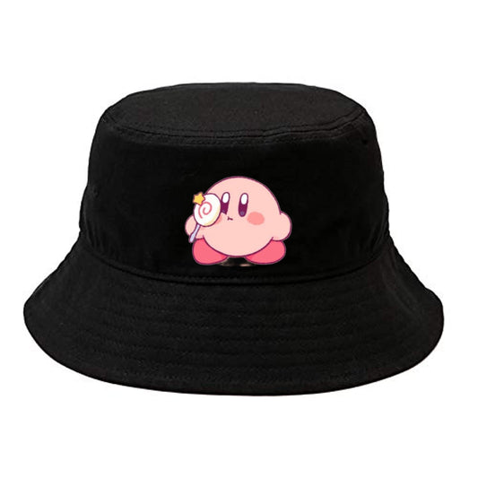 Cute Anime Kirby Bucket Hat, Kawaii Pink Character Black Sun Fisherman Cap, Y2K Streetwear Summer Beach Hat for Women and Men 25