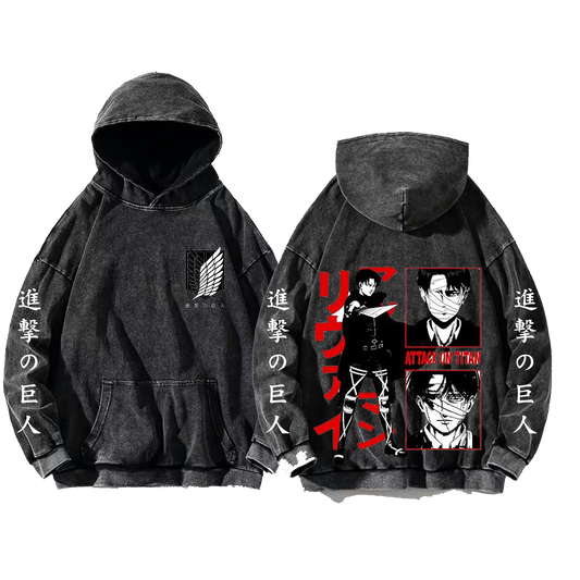 Anime Attack on titan shingeki no kyojin eren levi mikasa Aot Oversize Wash Hoodie gray 25