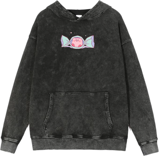 Cute Pink Anime Kirby Character Graphic Vintage Washed Hoodie for Women and Men, Kawaii Cartoon Dark Grey Pullover Sweatshirt 25