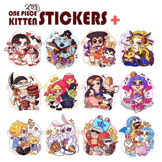 One Piece Kitten Stickers Pack, Cute Chibi Anime Characters with Cats, Luffy, Zoro, Sanji, and Waterproof Vinyl Decals for Water Bottles, Laptops, and Journaling