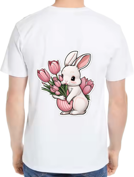 cute rabbit holding a bouquet of flowers t- shirt One Size White back 25