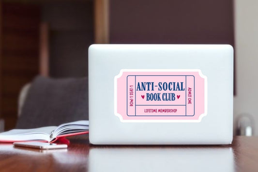 "Anti-Social Book Club" Ticket Aesthetic Laptop Sticker, Introvert Reading Vinyl Decal for Laptop, Kindle, Water Bottle, and Journal