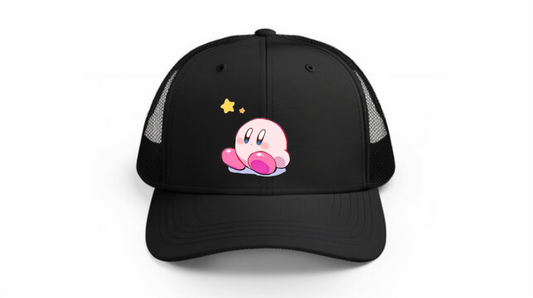 Kawaii Kirby Crown Pink Character Mesh Trucker Hat, Cute Anime Princess/King Black Baseball Cap, Adjustable Snapback for Women and Teens 25