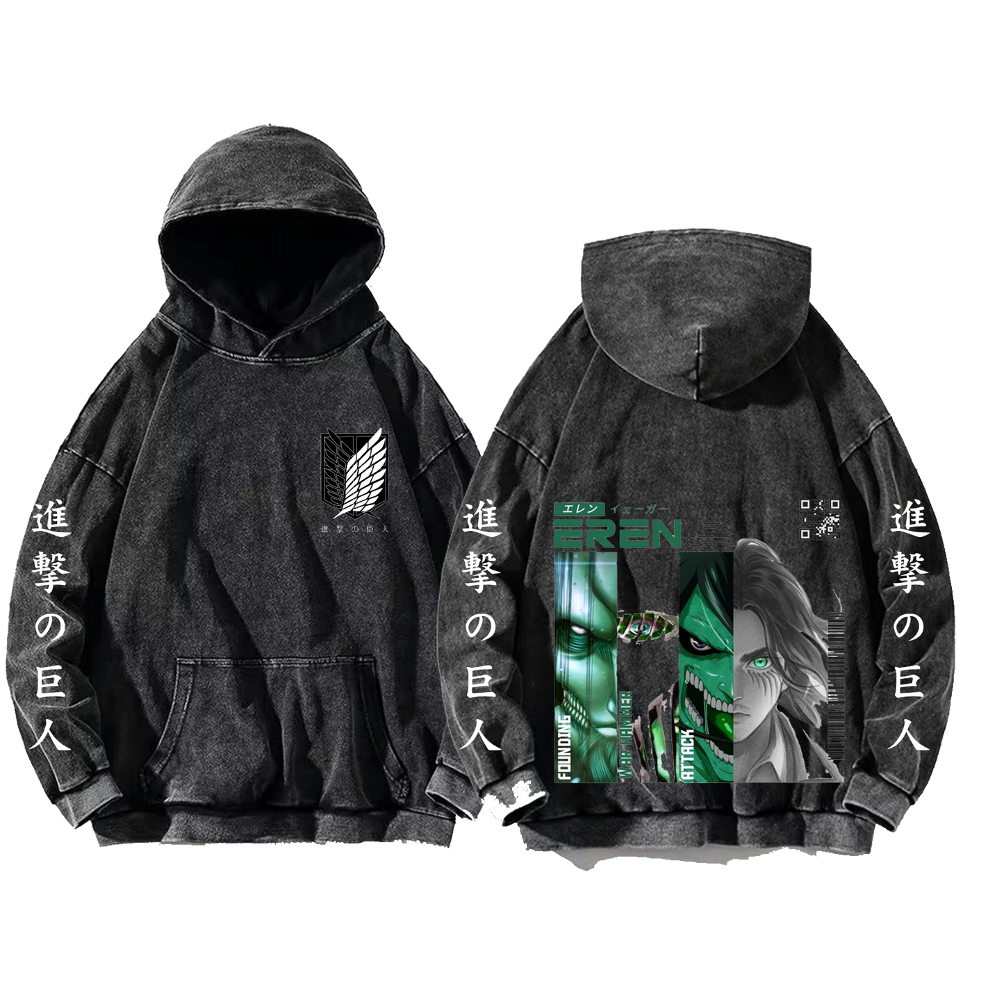Anime Attack on titan shingeki no kyojin eren levi mikasa Aot Oversize Wash Hoodie gray 26