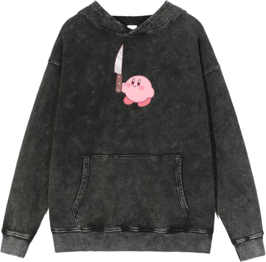 Cute Pink Anime Kirby Character Graphic Vintage Washed Hoodie for Women and Men, Kawaii Cartoon Dark Grey Pullover Sweatshirt 26