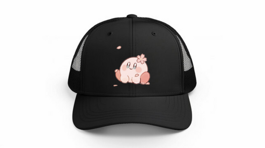 Kawaii Kirby Crown Pink Character Mesh Trucker Hat, Cute Anime Princess/King Black Baseball Cap, Adjustable Snapback for Women and Teens 26