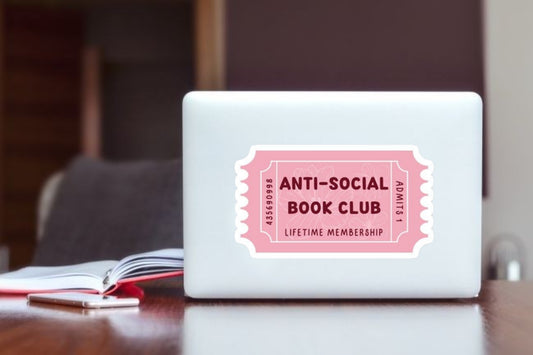 "Anti-Social Book Club" Ticket Aesthetic Laptop Sticker, Pink Reading Vinyl Decal for Laptop, Kindle, Water Bottle, and Journal