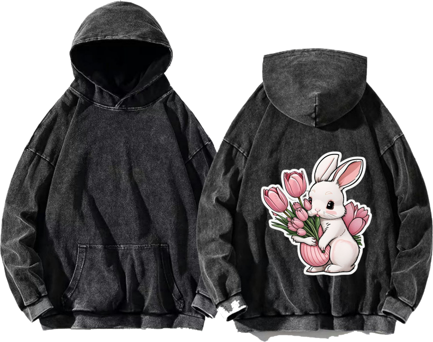 cute rabbit holding a bouquet of tulips One Size hoodie Washed Back 26