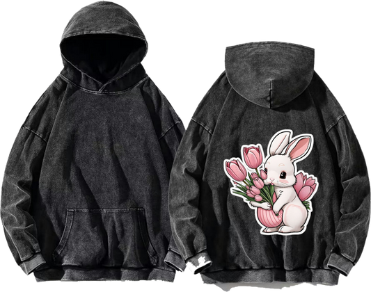 cute rabbit holding a bouquet of tulips One Size hoodie Washed Back 26