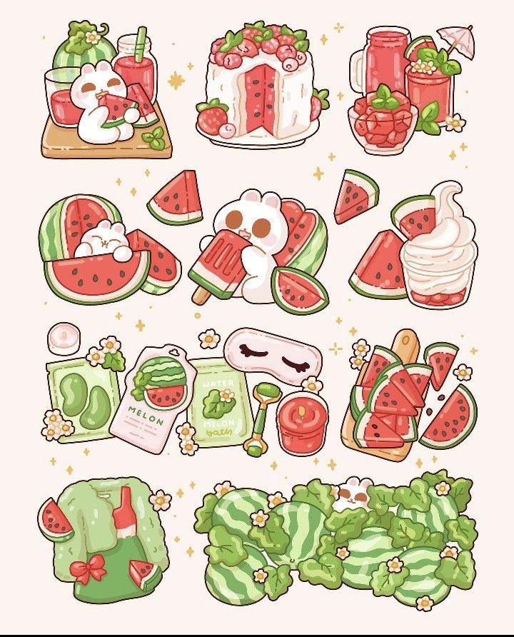 Kawaii Watermelon Bunny Stickers Pack, Cute Summer Fruit, Dessert, and Aesthetic Theme Stickers for Journaling, Scrapbooking, Water Bottles, Laptop, and Planner Decals