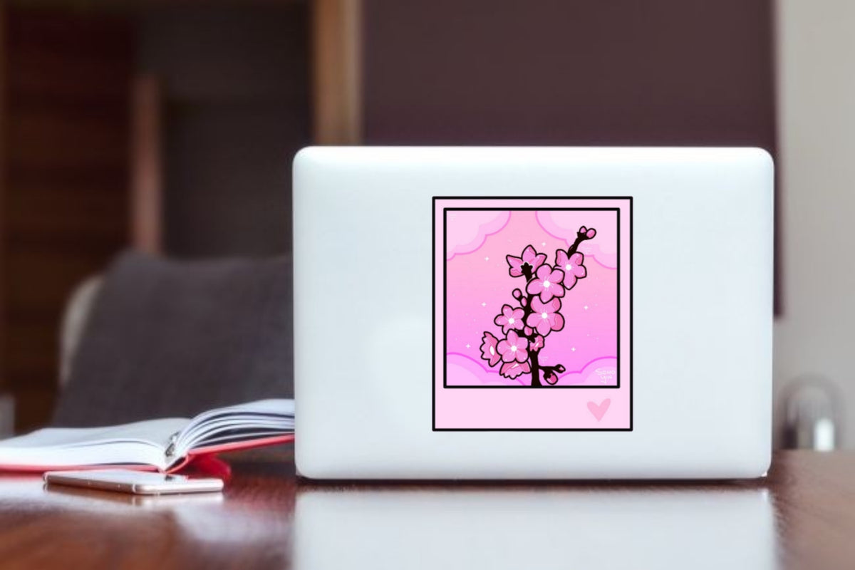 Pink Cherry Blossom Polaroid Aesthetic Sticker, Cute Sakura Floral Art Decal for Laptop, Water Bottles, Journaling, Scrapbooking, and Planners
